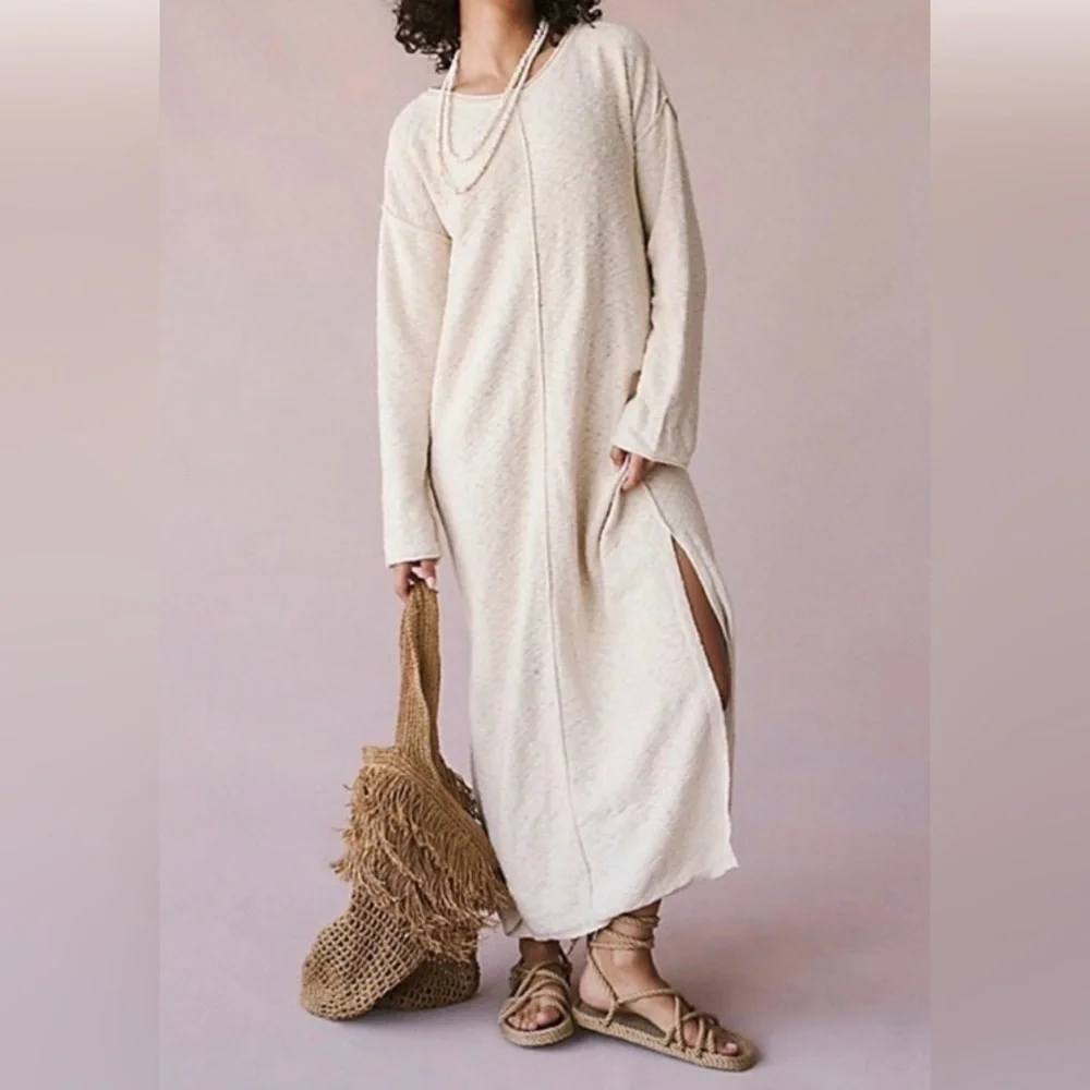 Free People Bri Sweater Maxi Dress Cream Boho Slit Lounge S - Picture 6 of 10